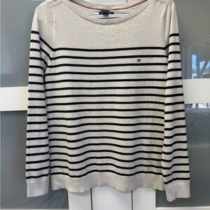 Tommy Hilfiger White and Navy Striped Boatneck Sweater